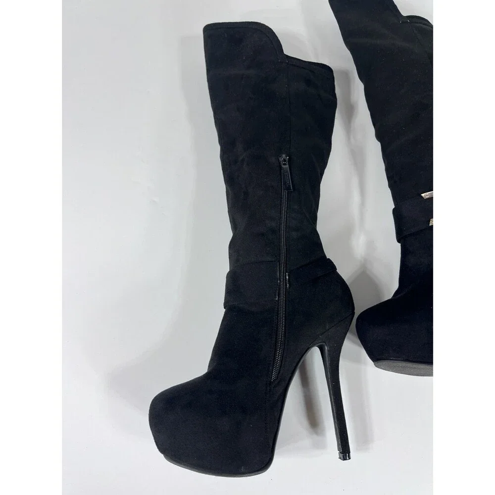 Shiekh Black Suede Over The Knee Boots Sz 9 High Heel Side Zip OTK